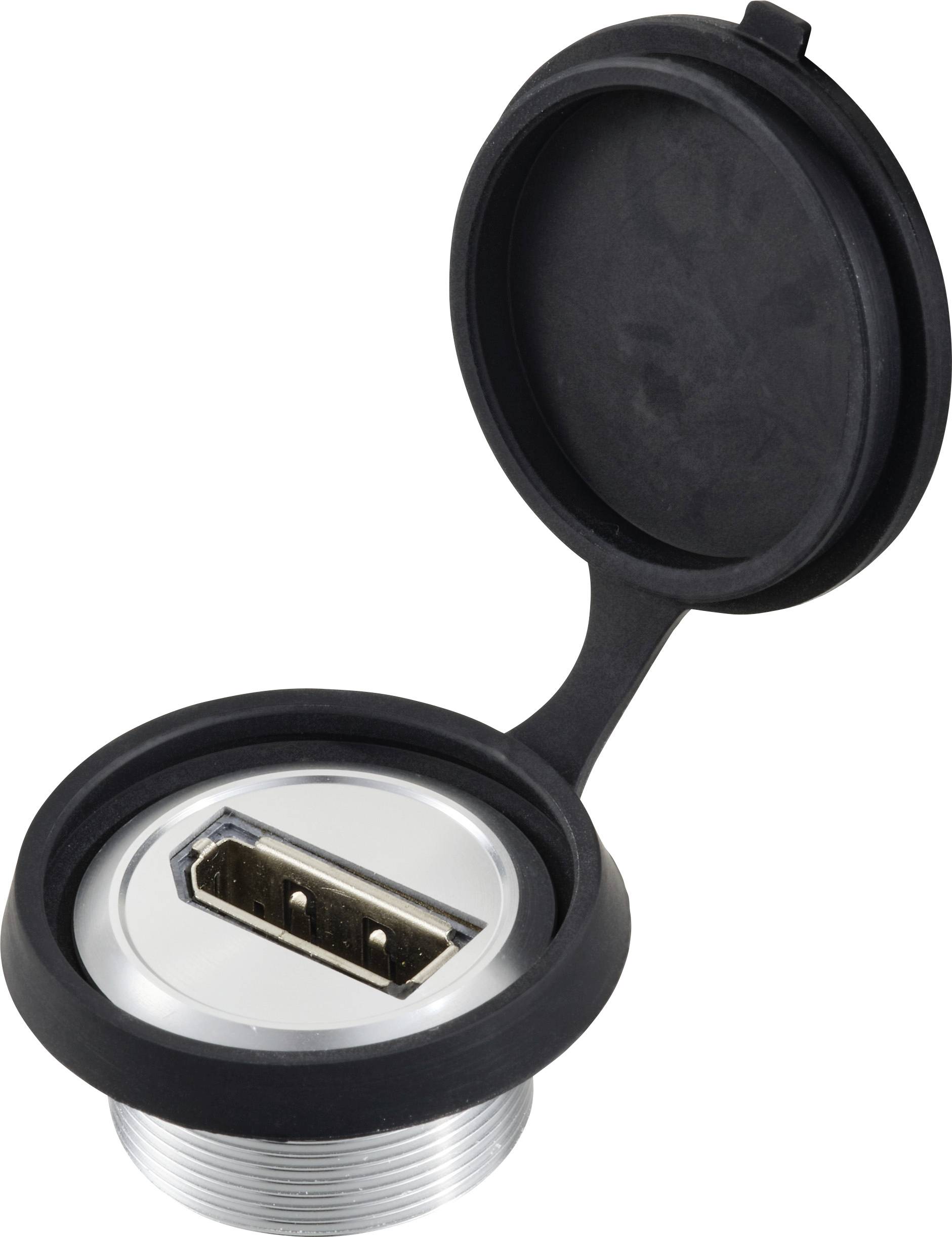 Ein runder, silberner USB-Anschluss mit schwarzer Abdeckung, geöffnet.