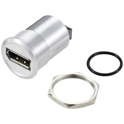 Metalladapter mit HDMI-Buchse, Sechskantmutter und Dichtung, vermutlich für den Einbau in eine elektronische Vorrichtung.