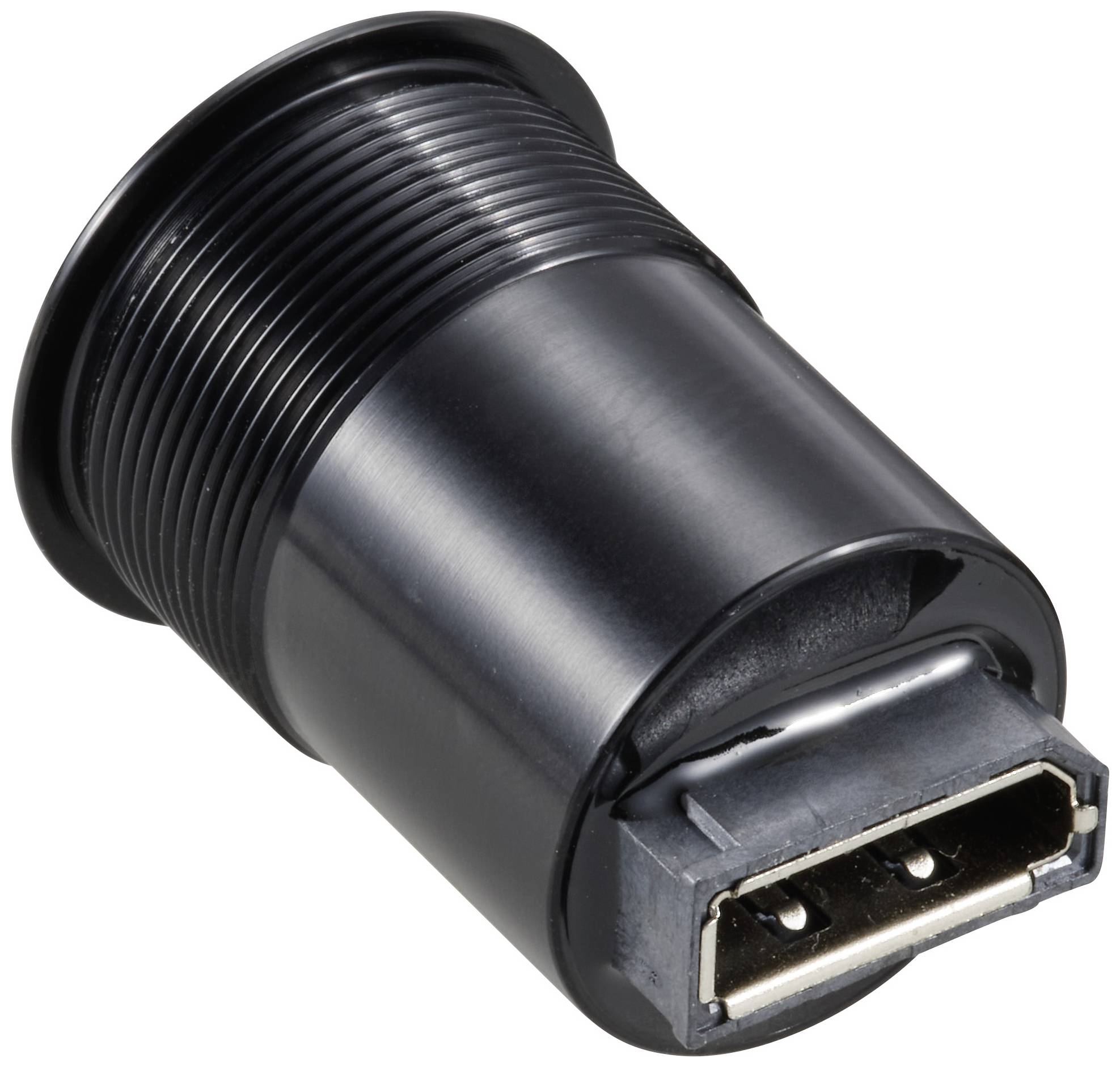 Ein schwarzer HDMI-Stecker, zylindrisch geformt, zeigt seine Anschlussseite. Ideal für Audio- und Videoverbindungen.