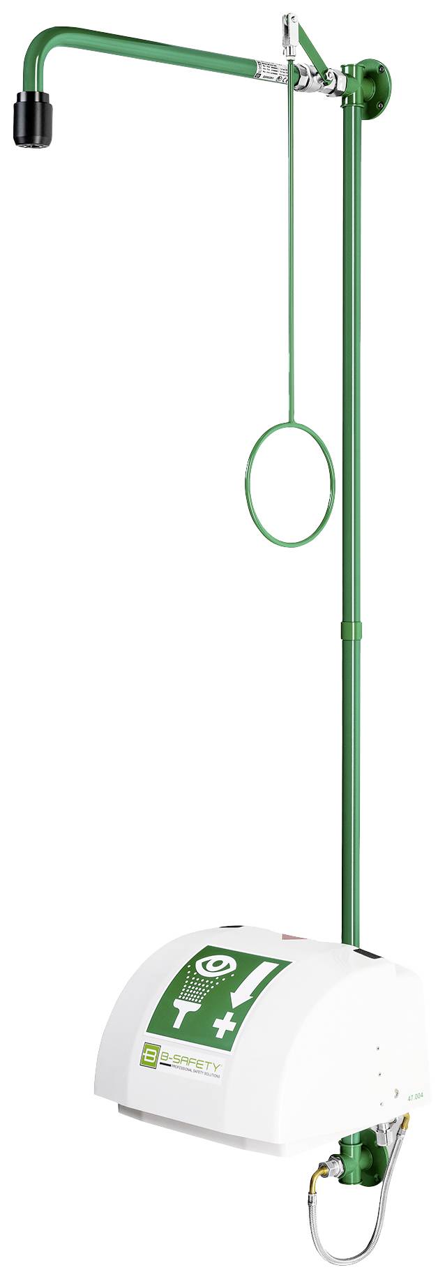 Notdusche mit grünem Rohr und Bedienhebel. Geeignet für industrielle oder Laborumgebungen zur schnellen Augenspülung bei Unfällen.