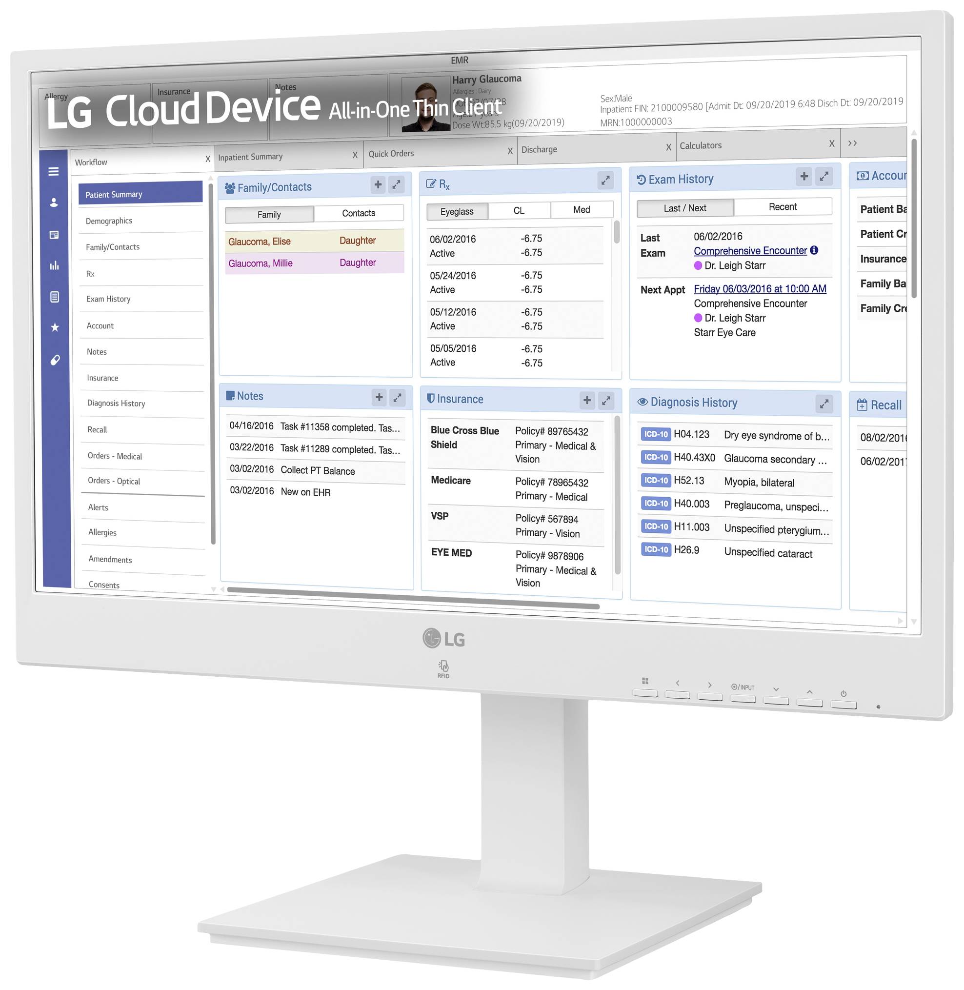 Ein Computerbildschirm zeigt ein Fenster mit verschiedenen Registerkarten wie 'Family Contacts', 'Exam History' und 'Diagnosis History'.