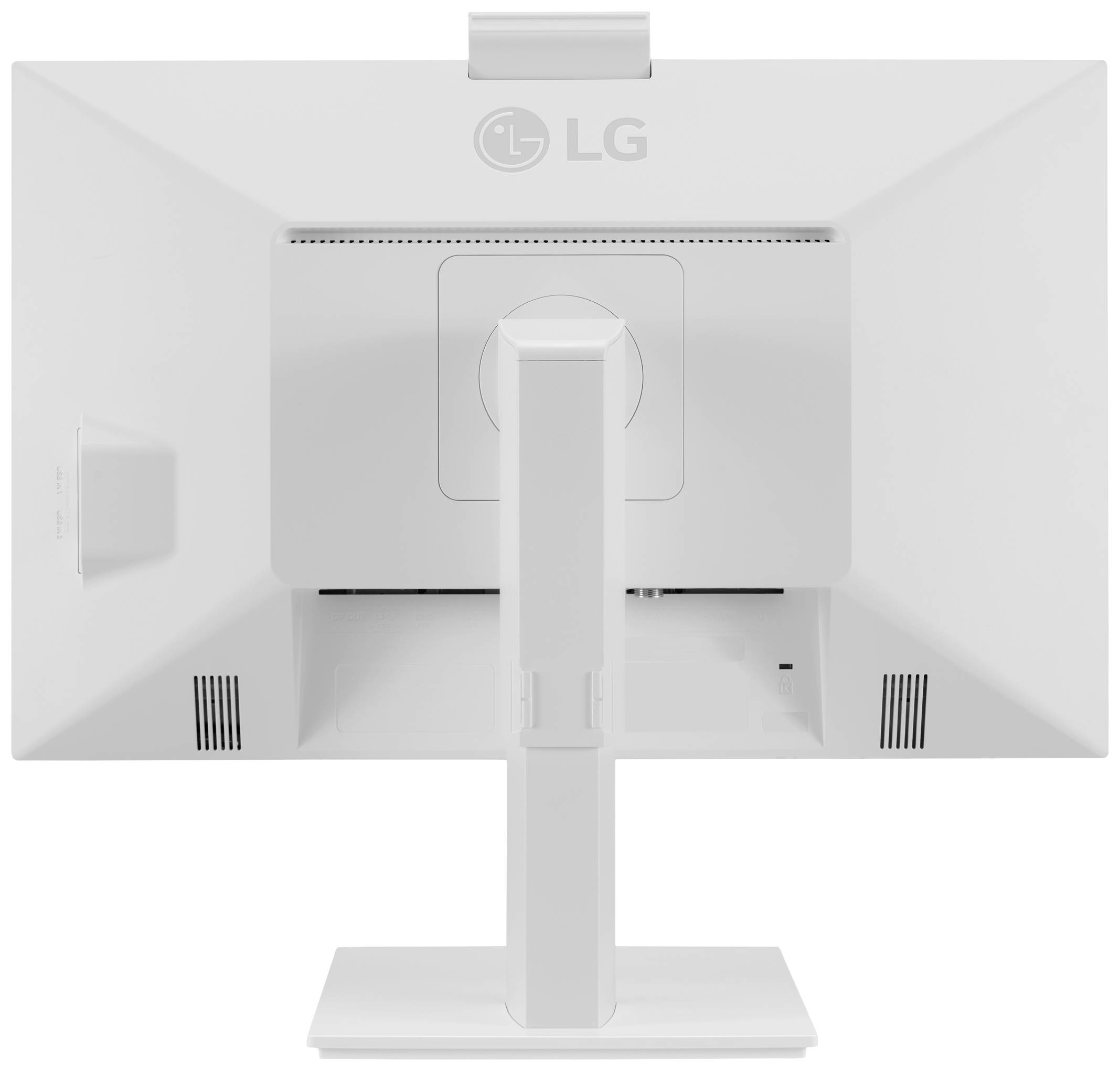 Der Monitor zeigt die Rückseite eines weißen LG-Bildschirms mit Standfuß und Lüftungsschlitzen.