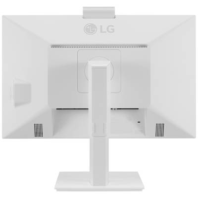 Der Monitor zeigt die Rückseite eines weißen LG-Bildschirms mit Standfuß und Lüftungsschlitzen.