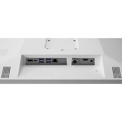 Rückansicht eines Monitors zeigt Anschlüsse: HDMI, mehrere USB-Ports, Ethernet und Stromversorgung.