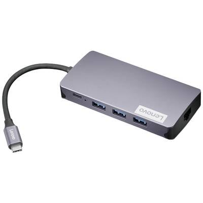 Ein grauer USB-C-Hub mit mehreren Anschlüssen, darunter USB-A, USB-C und Ethernet, von der Marke Lenovo.