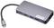 Ein grauer USB-C-Hub mit mehreren Anschlüssen, darunter USB-A, USB-C und Ethernet, von der Marke Lenovo.