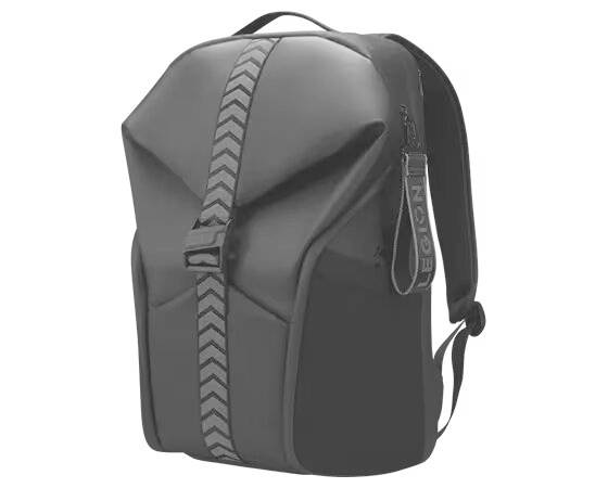 Schwarzer Rucksack mit stilvollem, geometrischem Design und einer diagonalen Zierleiste auf der Vorderseite.