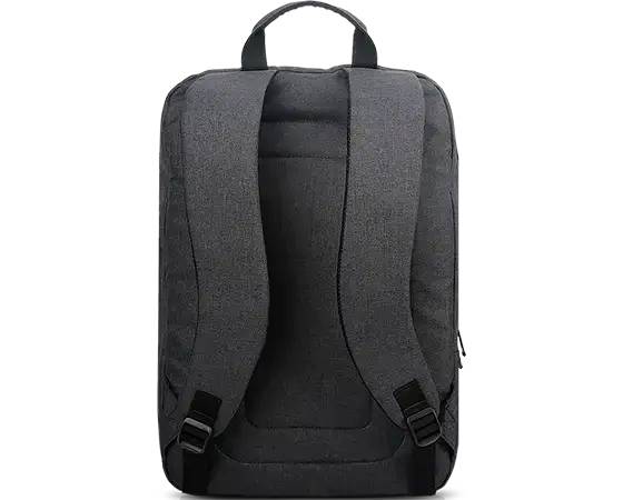 Schwarzer Rucksack mit zwei gepolsterten Schultergurten, vertikaler Ansicht. Ideal für den täglichen Gebrauch oder Reisen.