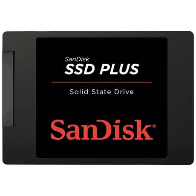Solid State Drive von SanDisk mit der Aufschrift 'SanDisk SSD PLUS Solid State Drive'. Schwarzes Gehäuse mit rotem Logo.