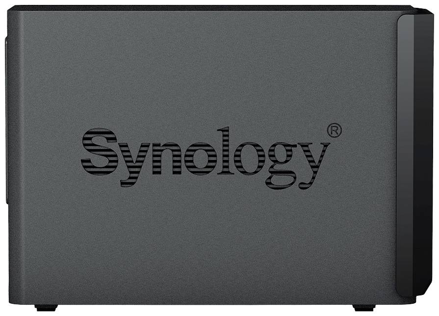 Ein schwarzes Synology-NAS-Gehäuse mit dem Synology-Logo in der Mitte.