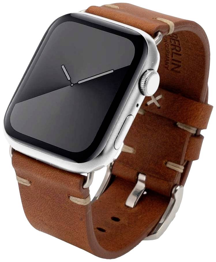 Smartwatch mit braunem Lederarmband und schwarzem Zifferblatt. Die Uhrzeit zeigt kurz nach 10 Uhr an.