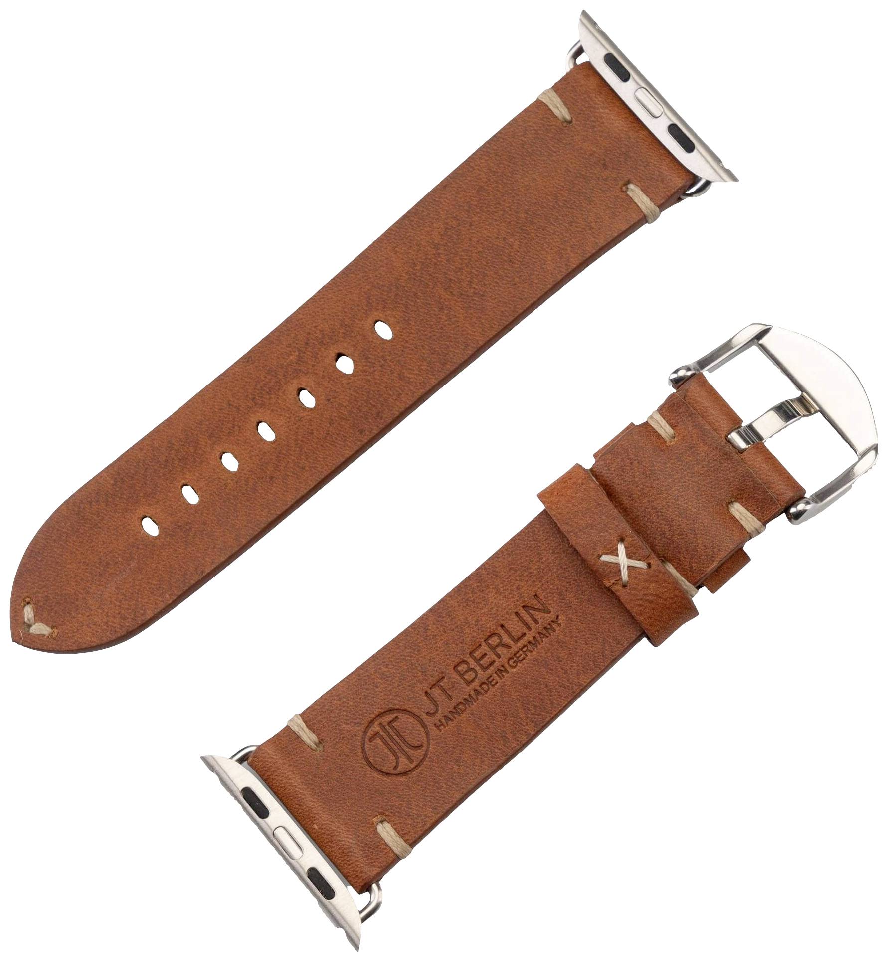 Braunes Lederarmband mit silberner Schnalle und Ösen, mit Gravur 'JT BERLIN'. Geeignet für eine Smartwatch.