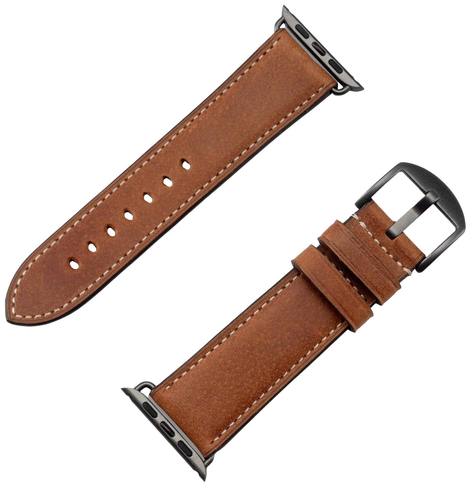Zwei braune Lederarmbänder für Uhren, eines flach liegend, das andere zusammengerollt. Beide mit schwarzer Schließe.