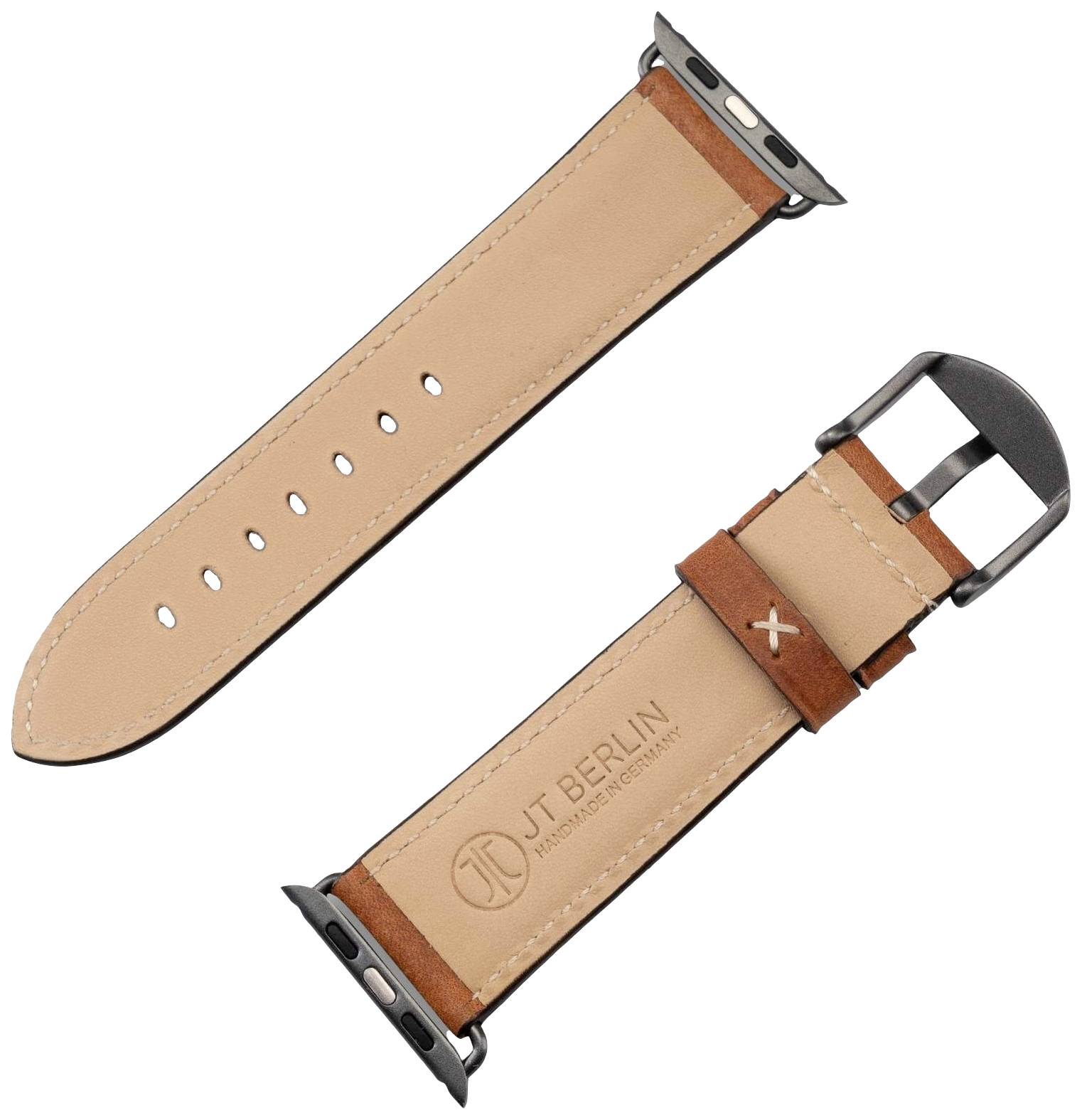Zwei braune Lederarmbänder mit schwarzen Metallverschlüssen, eines davon mit 'JT Berlin'-Aufschrift.