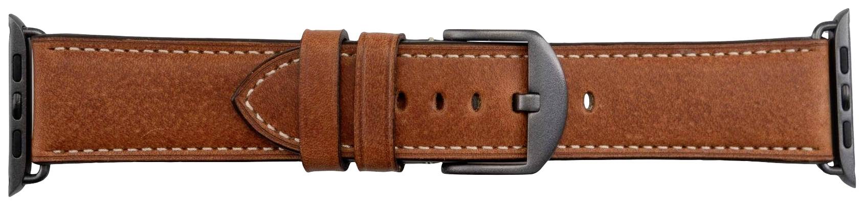 Braunes Lederarmband mit dunkler Metallschnalle, geeignet für Uhren und Smartwatches.