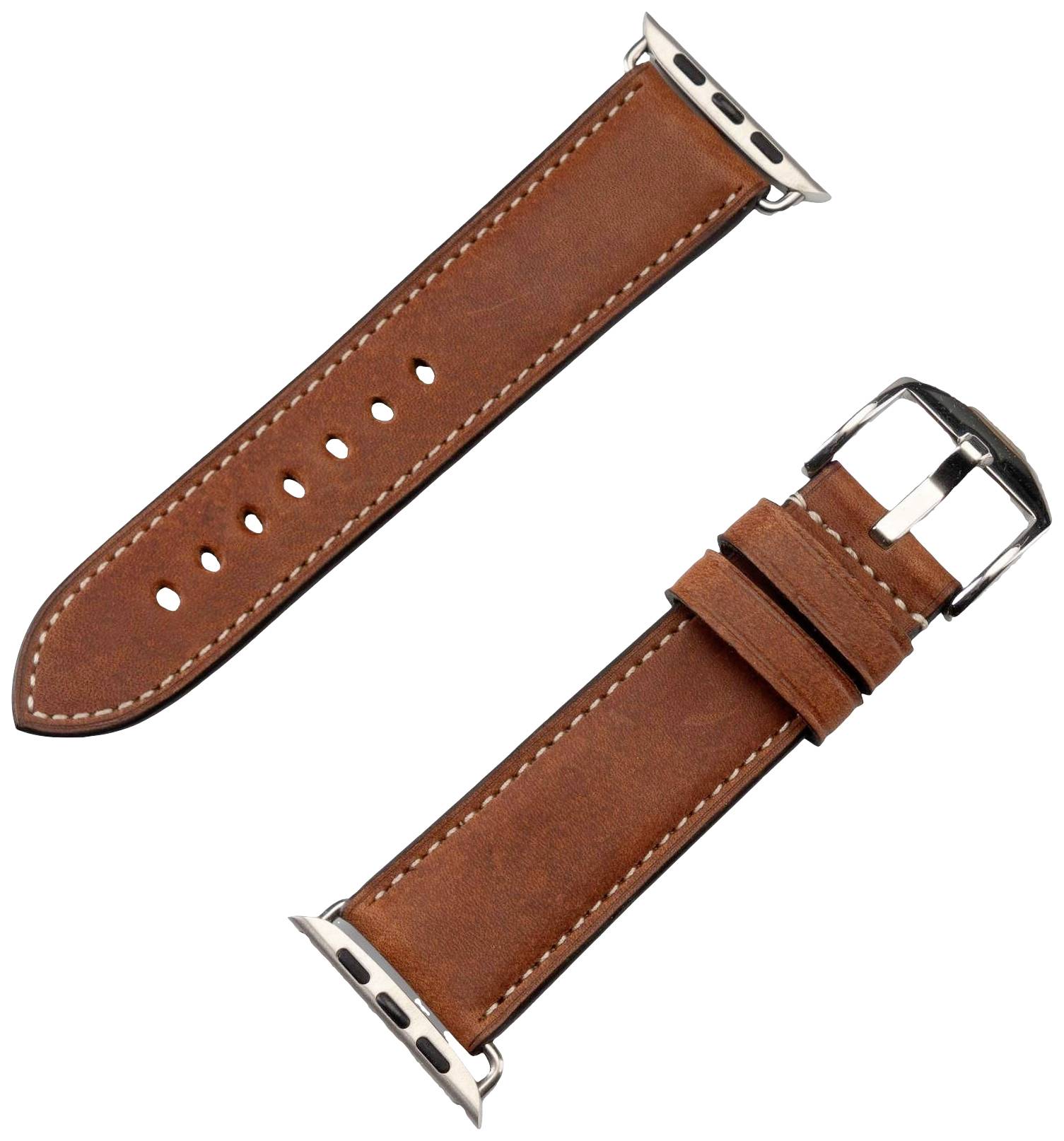 Braunes Lederarmband für eine Uhr, in zwei Teilen gezeigt: eines mit Metallschließe, das andere mit Löchern zur Längenanpassung.