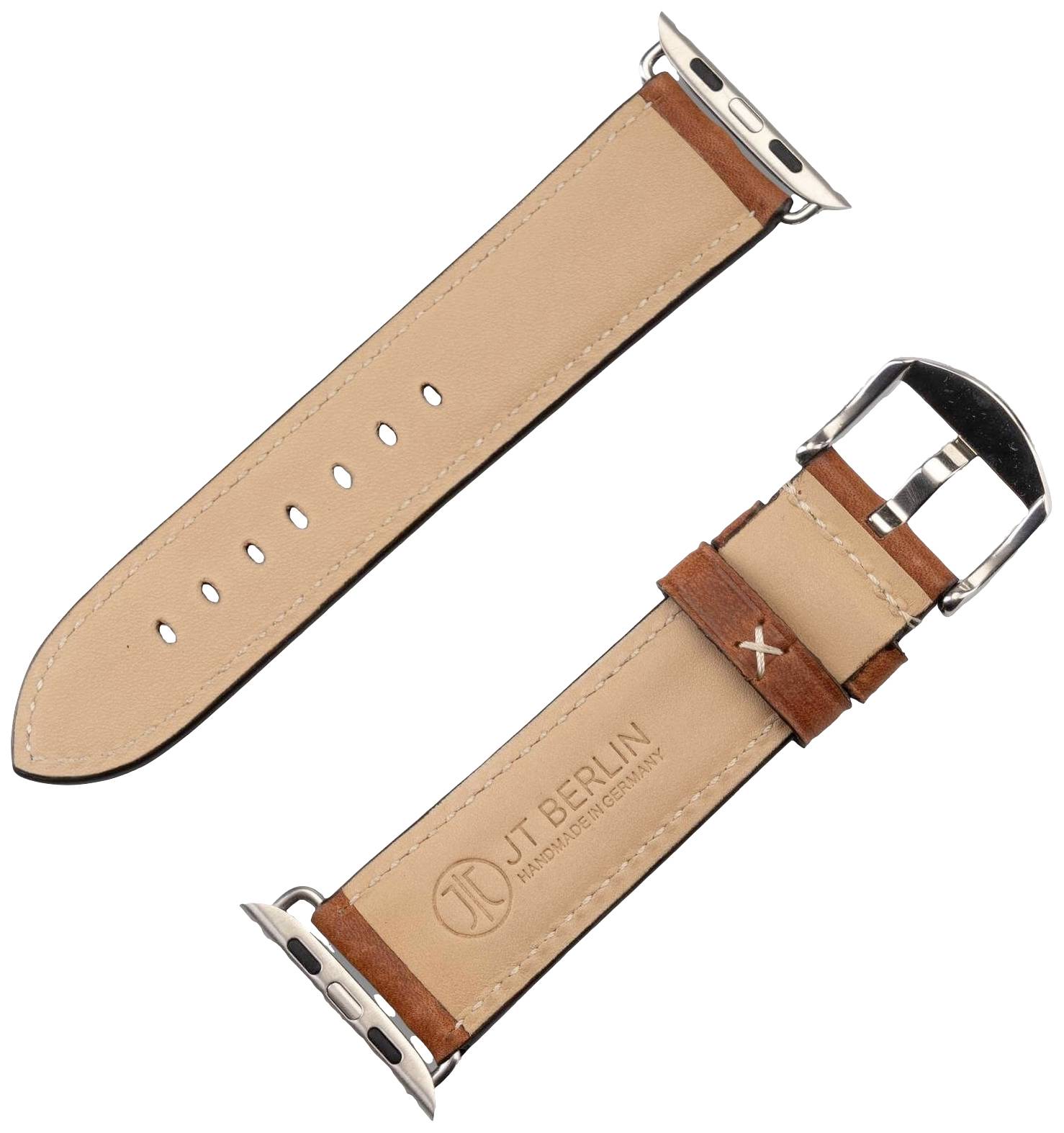 Zwei beigefarbene Lederarmbänder, eines mit einer Metallschnalle und 'JT Berlin'-Prägung, geeignet für Smartwatches.