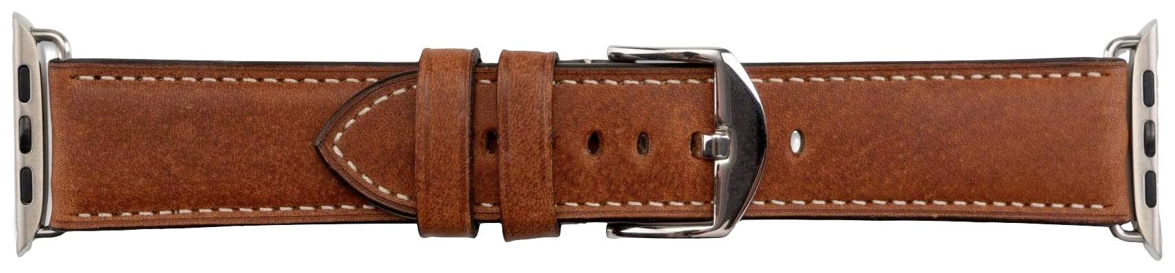 Braunes Lederarmband für eine Uhr mit silberner Schließe und weißen Nähten.