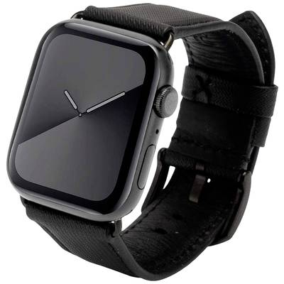 Schwarze Smartwatch mit rechteckigem Zifferblatt und Lederarmband, zeigt analoge Uhrzeiger auf schwarzem Hintergrund.