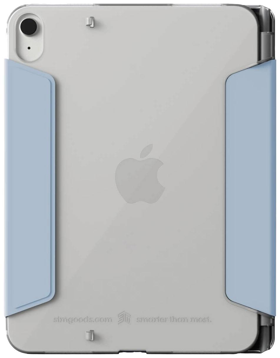 iPad mit transparentem Rückcover und blauen Schutzecken, zeigt das Apple-Logo.
