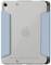 iPad mit transparentem Rückcover und blauen Schutzecken, zeigt das Apple-Logo.