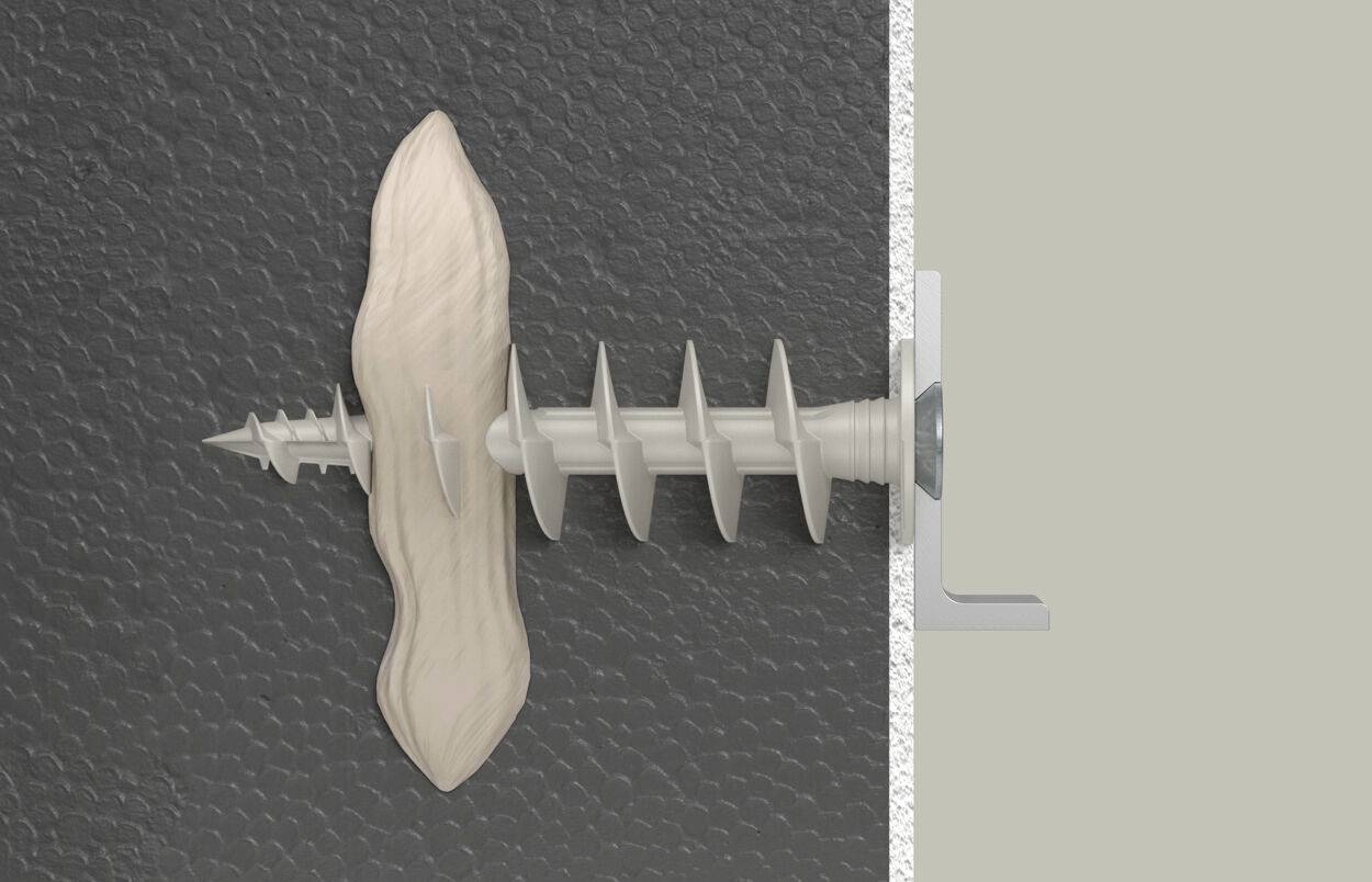 Abbildung eines Dehnschraubenankers, der durch eine Trockenbauwand befestigt wird. Zeigt den Ankermechanismus und die Wandstruktur.