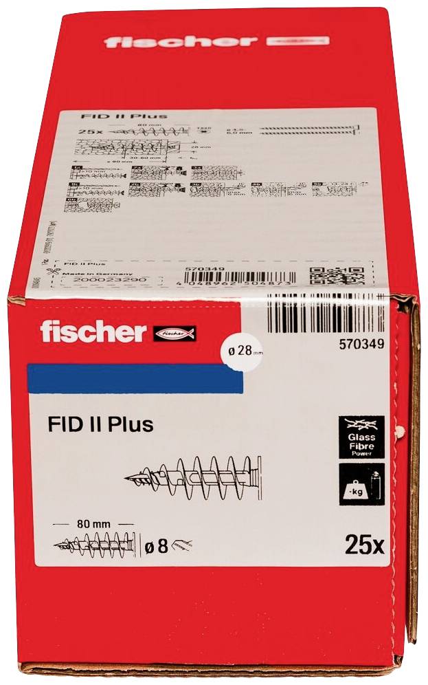 Eine rote Verpackung von Fischer mit 25 Stück FID II Plus Dübeln, 80 mm lang, Ø 8 mm, Informationen und Strichcode sind sichtbar.