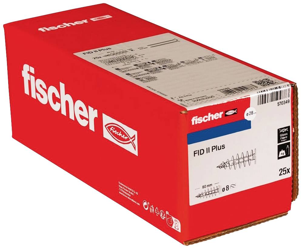 Rote Verpackung der Marke 'fischer' mit Aufschrift 'FID II Plus', enthält 25 Wandbefestigungen, Produktinformationen und Barcode sichtbar.