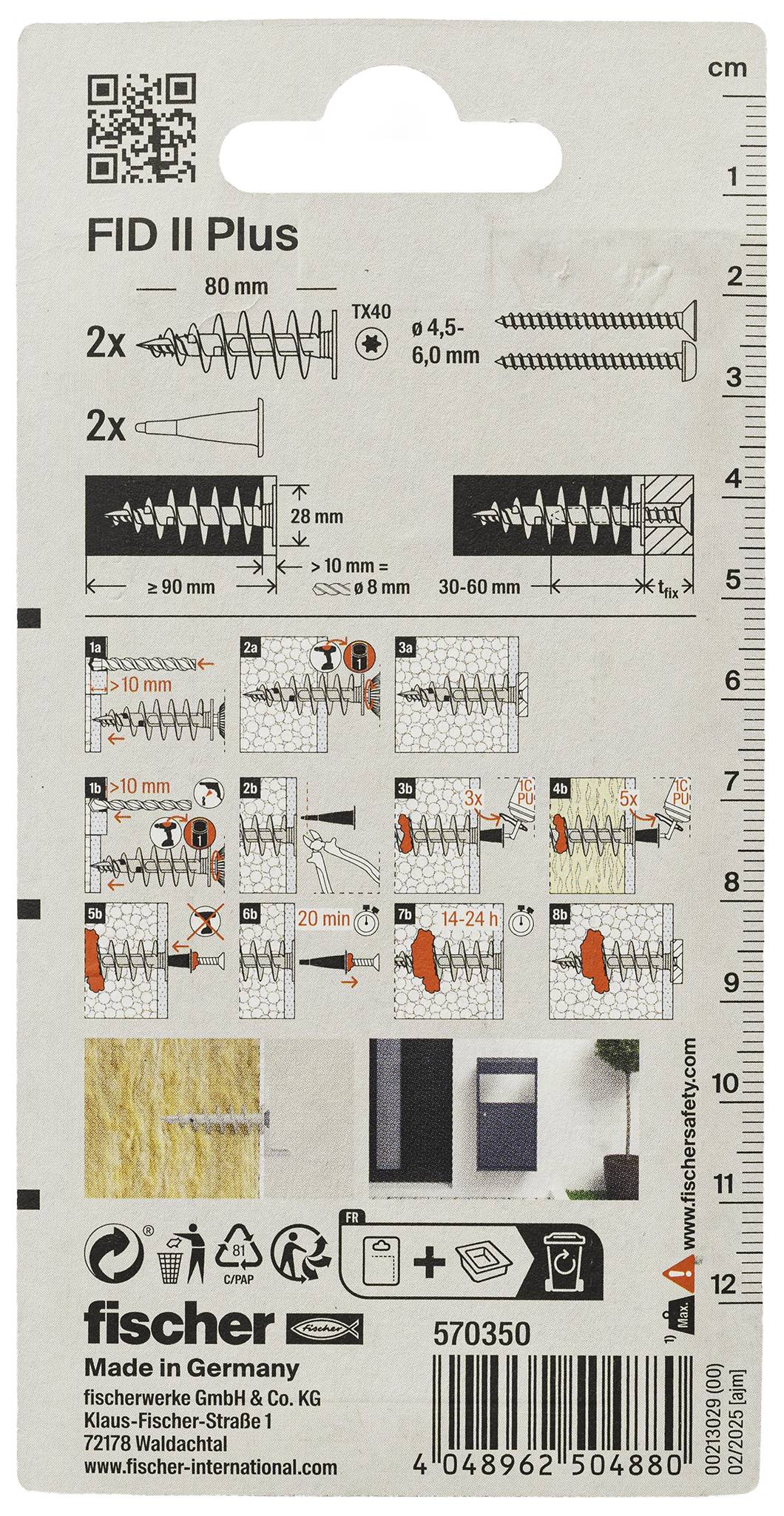 Verpackungsrückseite von Fischer FID II Plus Befestigungen mit Schraubengrößen, Installationsdiagrammen und Messstab in Zentimetern.