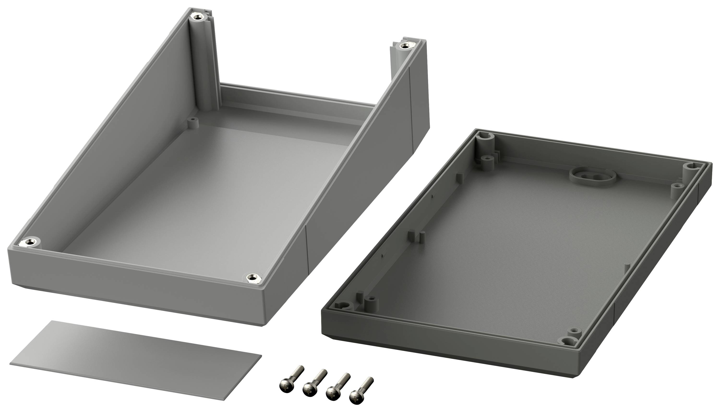 Graues Kunststoffgehäuse, zweiteilig, auseinandergebaut. Enthält Metallteil, vier Schrauben. Gehäuse konisch, für Elektronik geeignet.