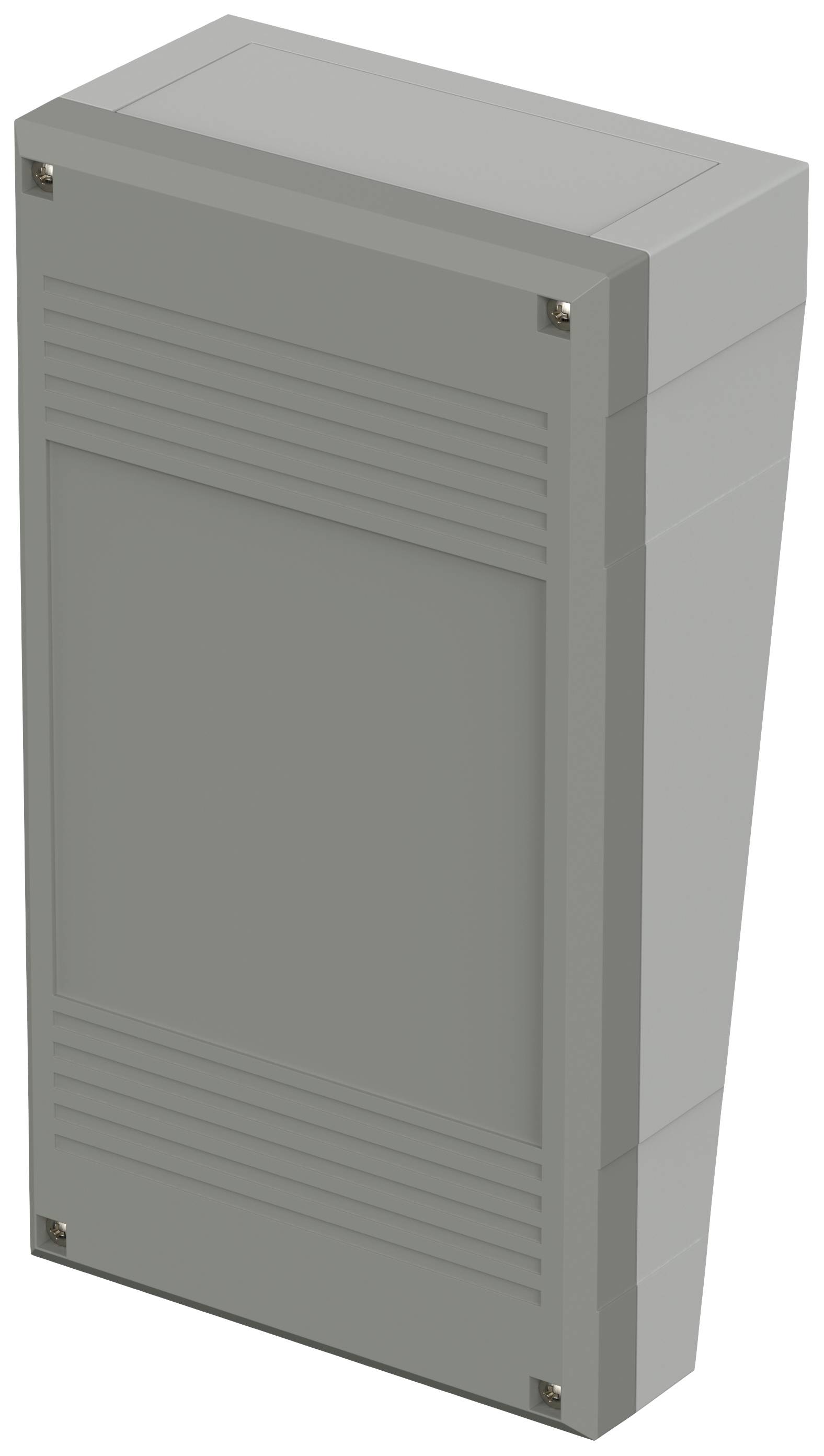 Ein rechteckiges, graues Kunststoffgehäuse mit abgerundeten Kanten und vier sichtbaren Schrauben an den Ecken zur Wandmontage.