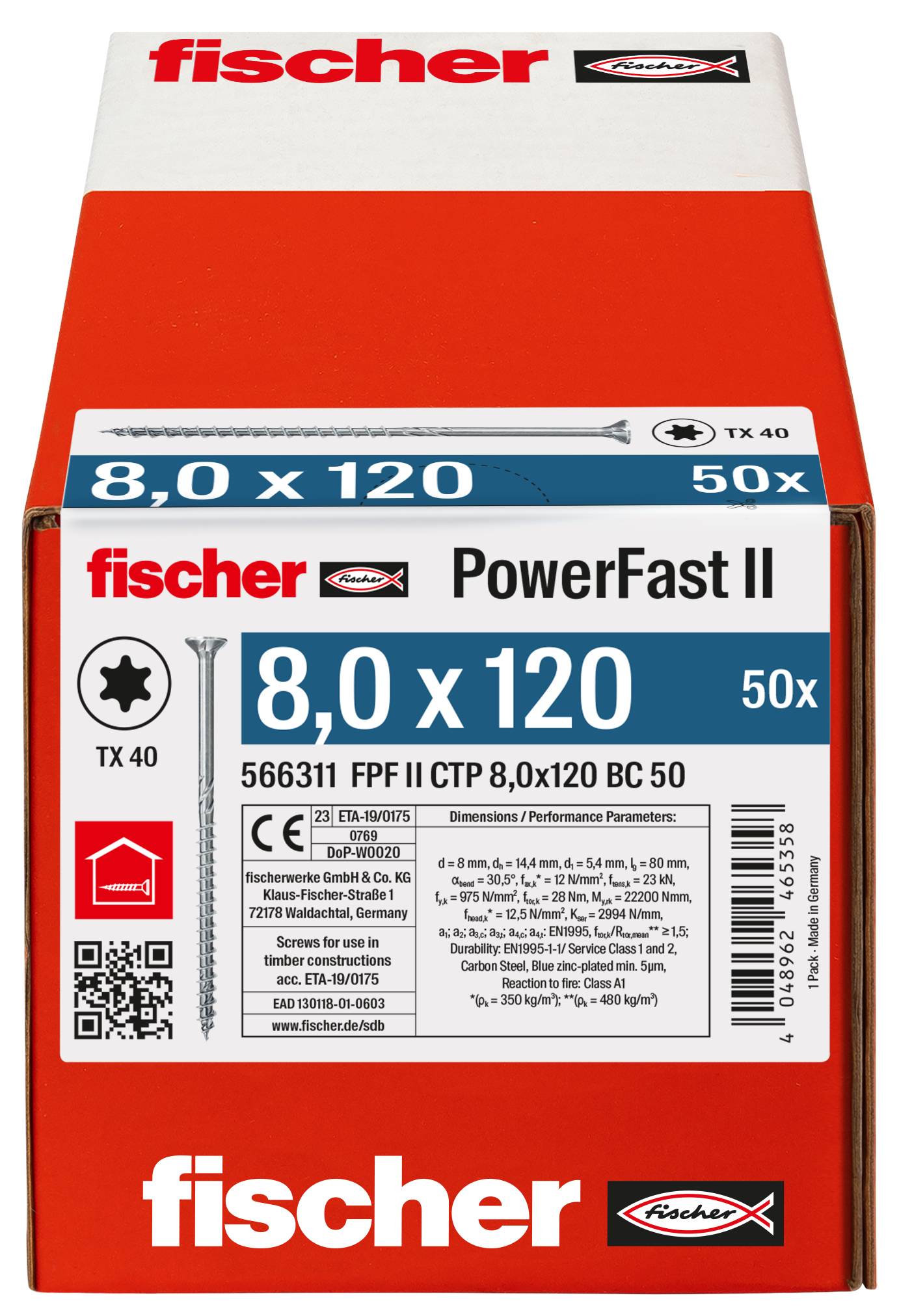 Karton fischer PowerFast II Schrauben, Größe 8,0 x 120, 50 Stück, mit Torx TX40 Antrieb auf dem Etikett abgebildet.