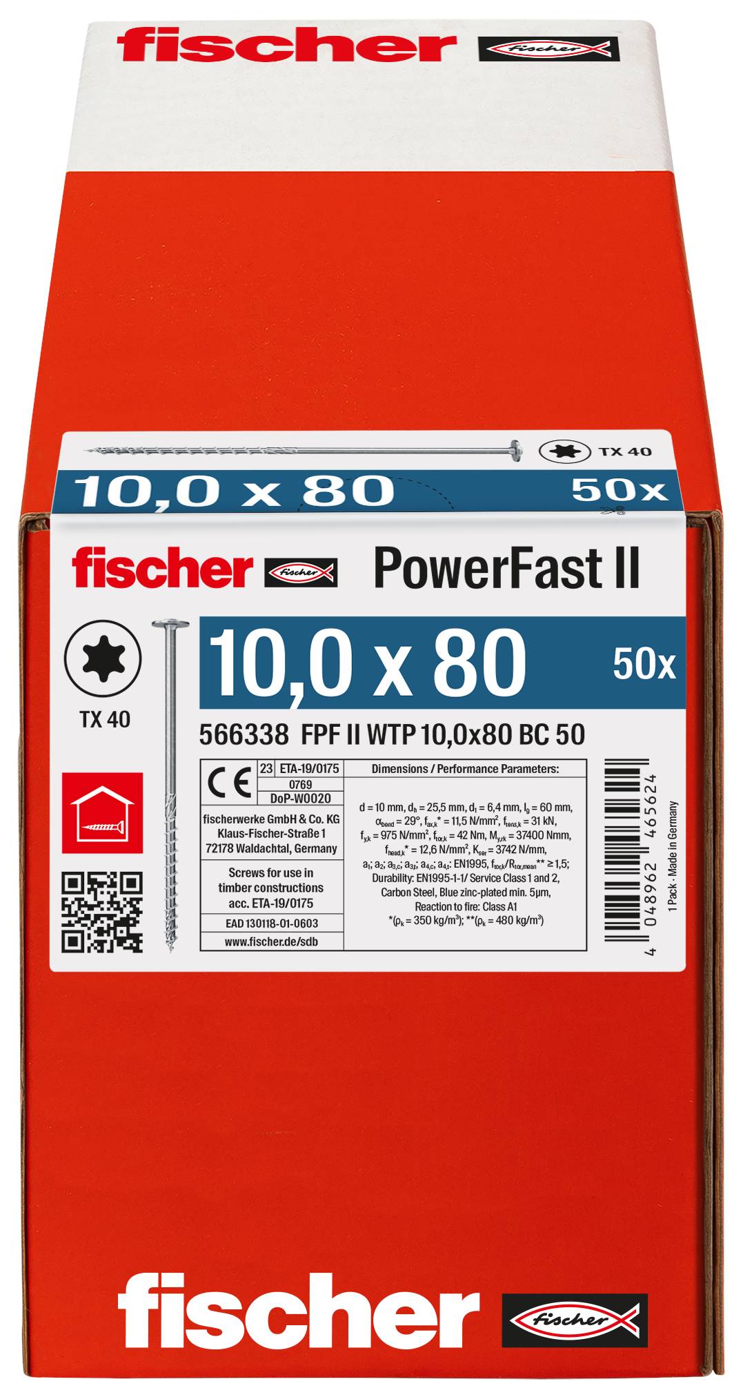 Rote Fischer PowerFast II Schraubenbox mit Bezeichnung 10,0 x 80, 50x, mit Produktdetails und Barcode auf der Vorderseite.