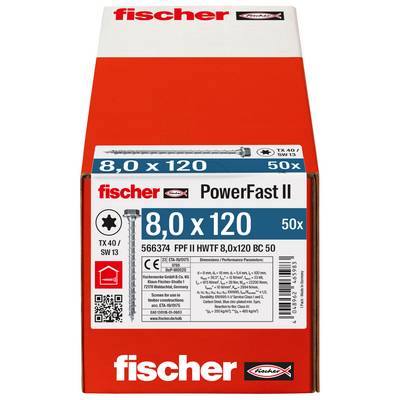 Verpackung für fischer PowerFast II Schrauben, gekennzeichnet 8,0 x 120, 50er Pack, mit Produktdetails und Barcode auf einer rot-weißen Schachtel.