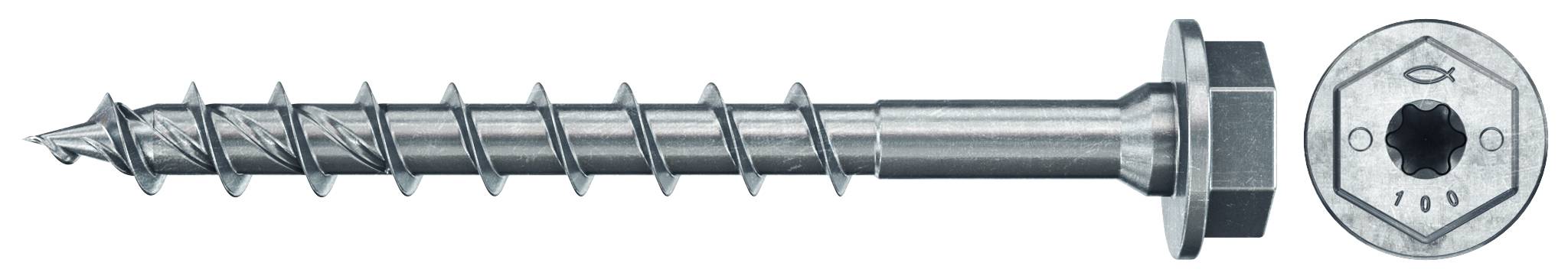 Metallische Schneckenbohrerbit in Seitenansicht, mit Sechskantschaft und spiralförmiger Schneidnut; die Endansicht zeigt die Sechskantverbindung im Vergrößerungsausschnitt.
