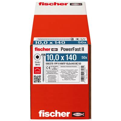 Fischer PowerFast II Schachtel mit 50 Holzschrauben, Größe 10,0 x 140, mit rot-weißer Verpackung.