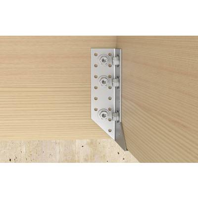 Metallastsche rechtwinkliger Winkel mit Bolzen zur Befestigung eines Holzbalkens an einer Betonfundamenecke.