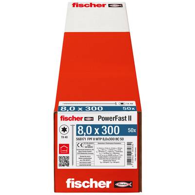 Rote und weiße Fischer PowerFast II Schrauben-Box mit der Bezeichnung '8,0 x 300', 50 Stück, mit Produktdetails und Barcode auf der Vorderseite.