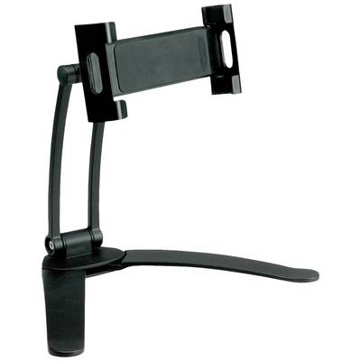 Eine schwarze Tablet-Halterung mit verstellbarem Arm und Standfuß, geeignet zur Befestigung eines Tablets auf einer flachen Oberfläche.