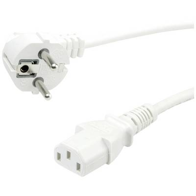 Ein weißes Stromkabel mit einem Schuko-Stecker auf einer Seite und einem C13-Buchsenverbinder auf der anderen Seite.