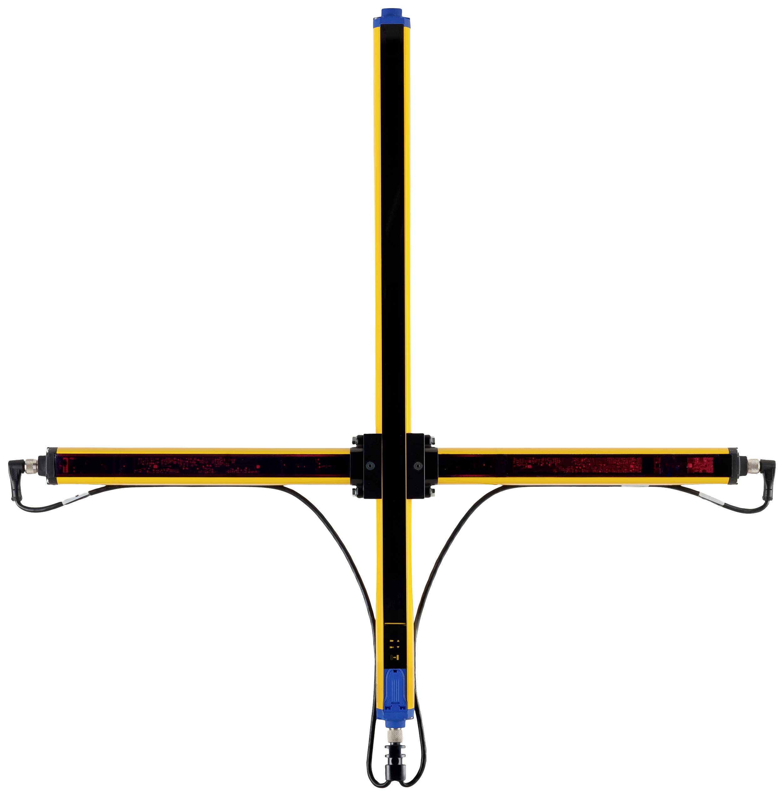 Ein Industriesensor-Kreuz mit gelben und schwarzen Streifen, roten Leuchtelementen und Kabelanschlüssen an den Enden, montiert für eine Maschinenüberwachung.