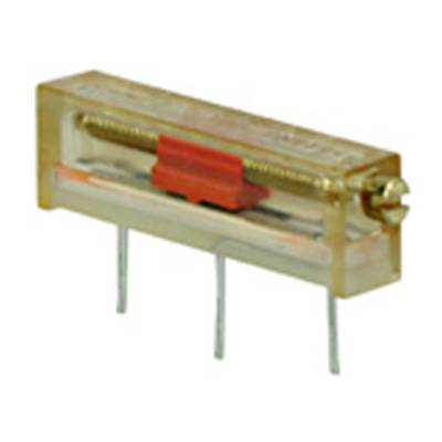 Ein transparenter Quarz-Oszillator mit rechteckigem Gehäuse und zwei hervorstehenden Metallpins zur elektronischen Frequenzstabilisierung.