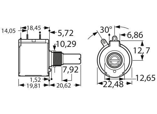 Diagramm eines elektrischen Bauteils mit genauen Maßangaben in Millimetern, wie Höhe, Breite und Durchmesser an verschiedenen Punkten.