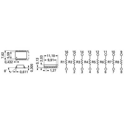'Schaltplan eines Widerstandsnetzwerks mit 16 Pins. Jeder Pin ist mit einem Widerstand von R1 bis R8 verbunden, abwechselnd links und rechts.'