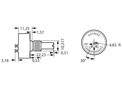 Technische Zeichnung eines Potentiometers mit Maßangaben in Millimetern. Beinhaltet Front- und Seitenansicht sowie Schaltplan.