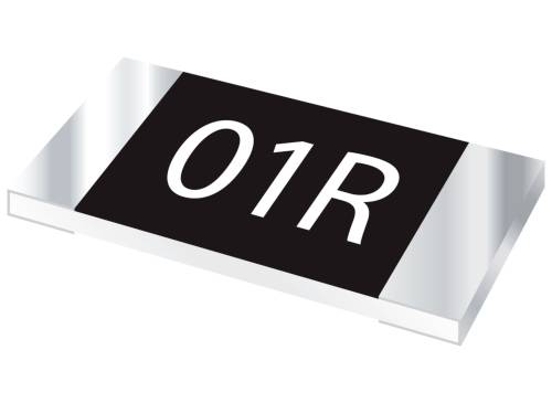 Ein flacher, rechteckiger Widerstand mit der Aufschrift '01R', zeigt einen spezifischen elektrischen Widerstandswert an.
