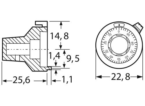 Technische Zeichnung eines Drehknopfes mit Maßen: 25,6 mm Tiefe, 22,8 mm Durchmesser. Detaillierte Innenansicht und Maßangaben.