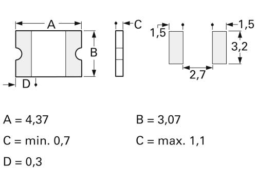 Technische Zeichnung eines Bauteils: Rechteck mit Maßen A=4,37, B=3,07, C min=0,7, C max=1,1, D=0,3; zusätzliche Abstände 2,7, 3,2.