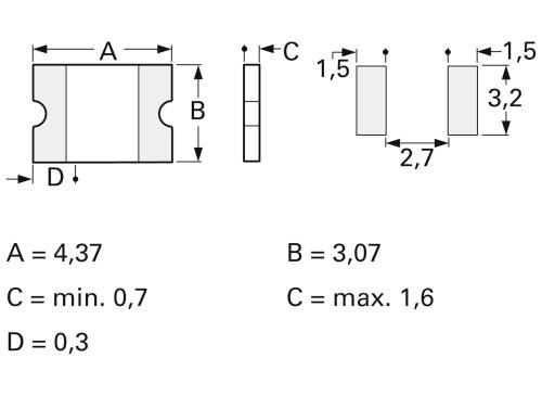 Technische Zeichnung eines rechteckigen Bauteils mit Maßen: A=4,37, B=3,07, C=min. 0,7 max. 1,6, D=0,3. Seitenansicht zeigt Dicke 1,5 und 3,2.