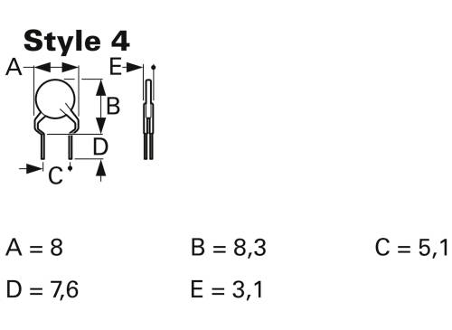 Zeichnung von Bauteil 'Style 4' mit Abmessungen: A=8, B=8,3, C=5,1, D=7,6, E=3,1. Rundbauform mit Details zu Anschlüssen.